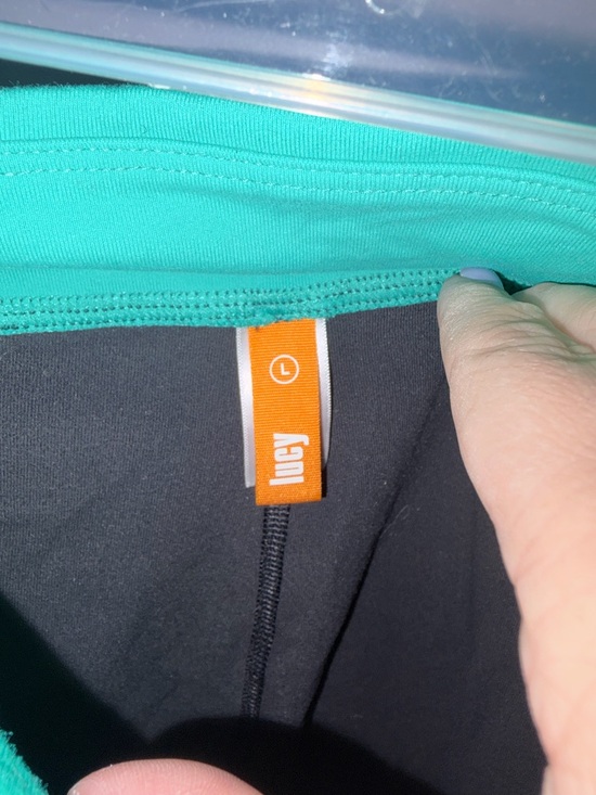 EUC Size Large Lucy Black Capri Leggings with Teal Waistband - Picture 3 of 9